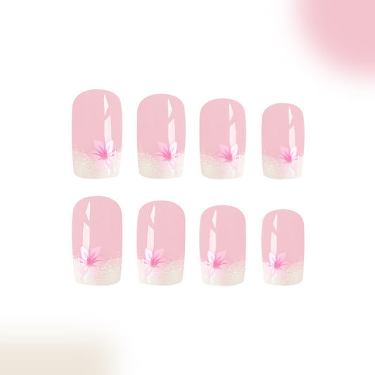 Sakura Blossom Medium-Length Square Pink Press On Nail Set with White Glitter Gradient & Floral Accents