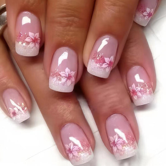 Sakura Blossom Elegance Medium Square Pink Press On Nail Set with Floral Glitter Accents