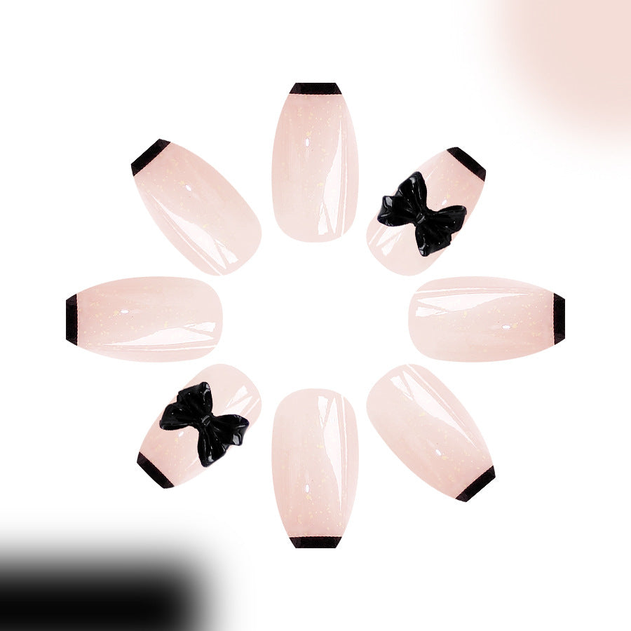 Elegant Evening Long Coffin Beige Press On Nails with Black Accents and Bow Embellishments