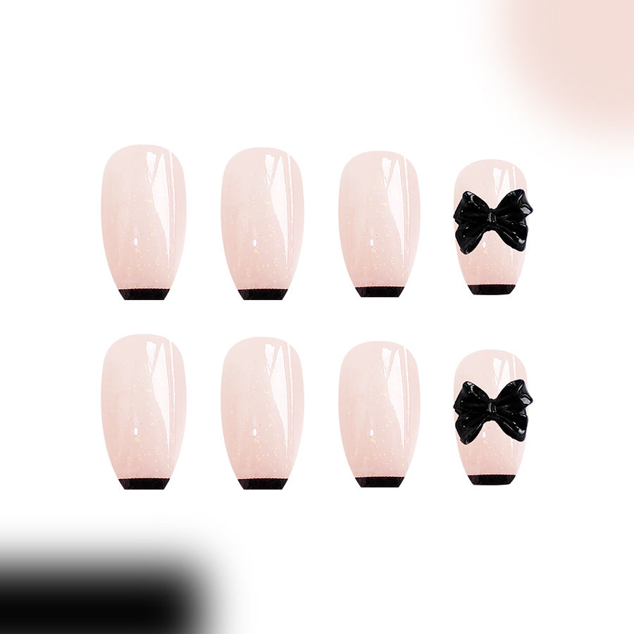 Elegant Evening Long Coffin Pale Pink Glitter Accent Press On Nail Set with Chic Black Bow Embellishment