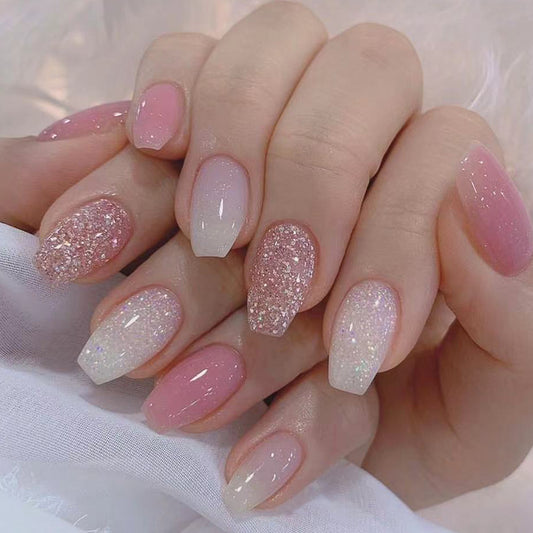 Enchanted Evening Long Coffin Ombre Pink Glitter Accented Press On Nail Set