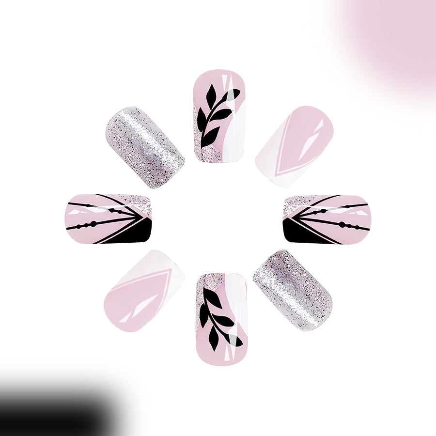 Elegant Botanical Bliss Long Square Light Pink and Glitter Press On Nail Set with Leaf Accents