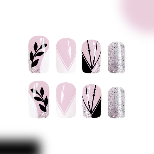 Enchanted Evening Long Square Pink Press On Nail Set with Black Botanical Accents and Glitter Detail