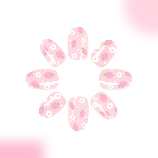 Spring Blossom Collection Medium Oval Pink Strawberry and Floral Design Press On Nail Set