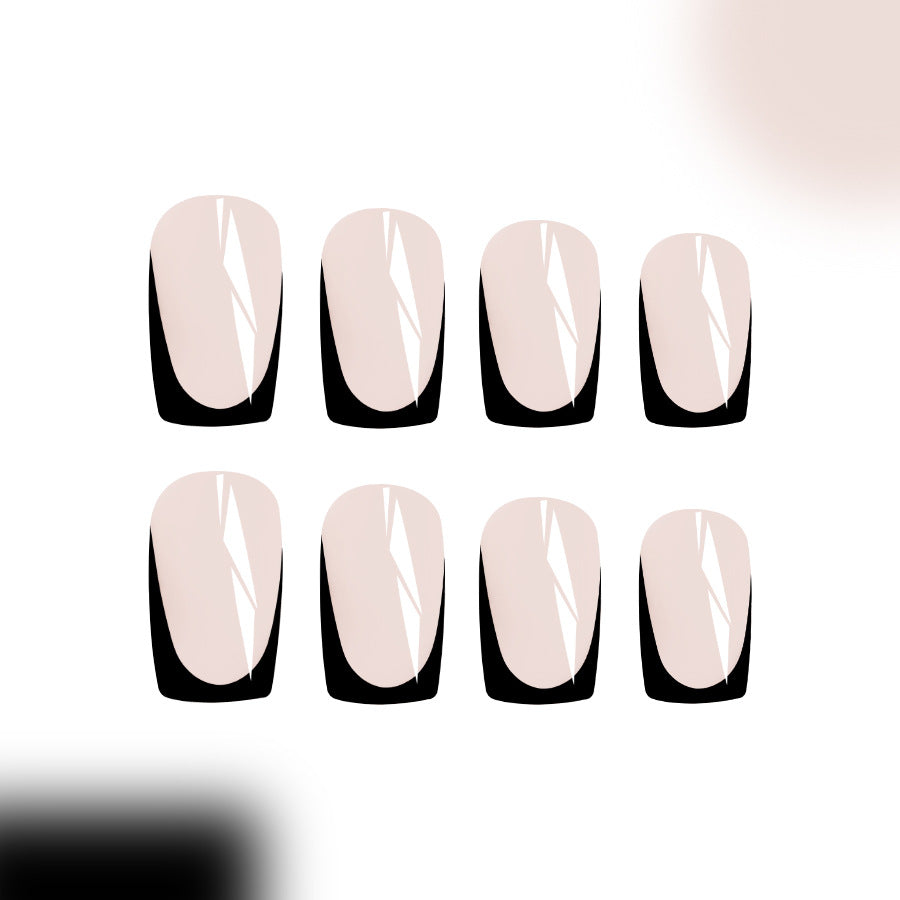 Elegant Evening Long Square Pale Pink Press On Nails with Black Accent Tips and Shimmer Finish