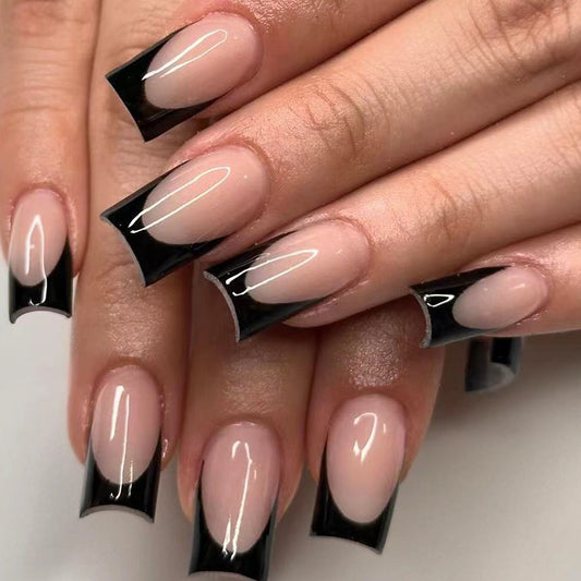 Goth Glamour Long Square Two-Tone Pink and Black Press On Nail Set with Glossy Finish