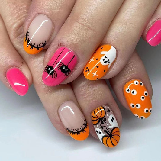 Halloween Festivity Medium-Length Oval Press On Nail Set in Pink, Beige, and Orange with Spooky Designs
