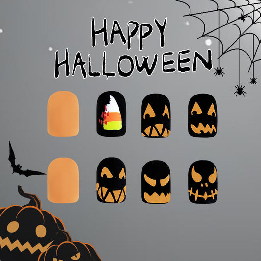 Spooky Elegance Short Square Black and Orange Halloween-Themed Press On Nail Set with Jack-o'-Lantern Design