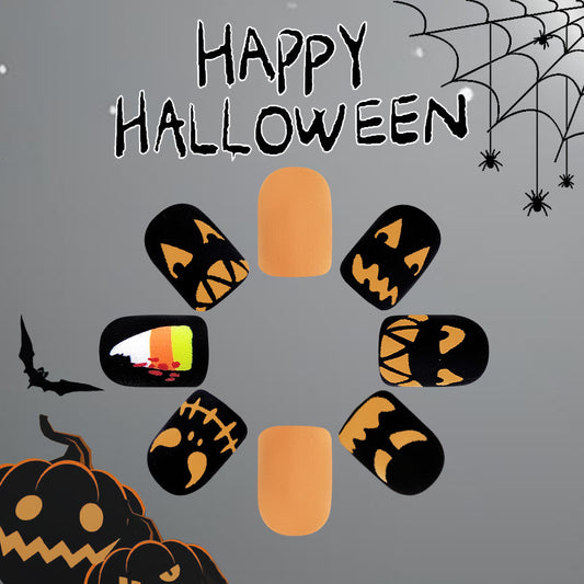 Spooky Season Short Square Black and Orange Halloween Theme Press On Nail Set with Glow in the Dark Accents
