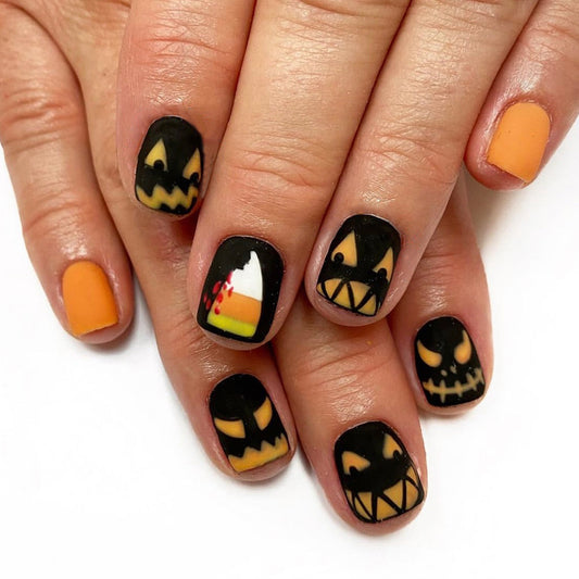 Halloween Elegance Short Square Black and Orange Press On Nail Set with Spooky Face Accents