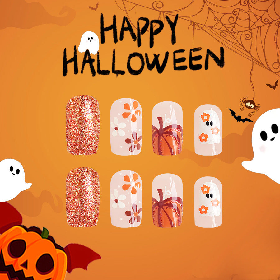Spooky Elegance Medium Square Glitter Orange Designer Press On Nail Set with Halloween Accent Designs
