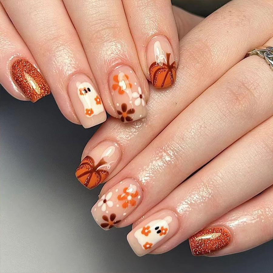Autumn Elegance Medium-Length Square Peach & Glitter Press On Nail Set with Floral Accents