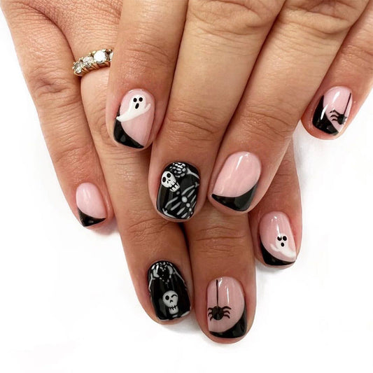 Spooky Elegance Short Square Black and Pink Halloween Press On Nail Set with Ghost and Skull Designs