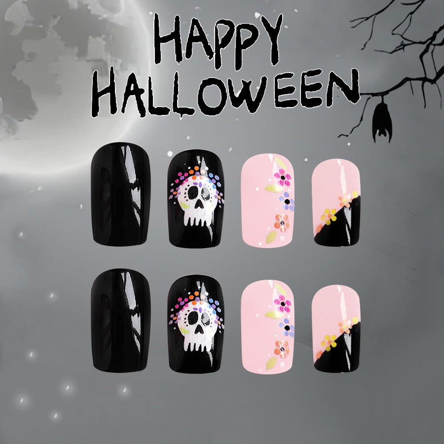 Spooky Elegance Long Oval Black and Pink Press On Nails with Day of the Dead Skull Art Design