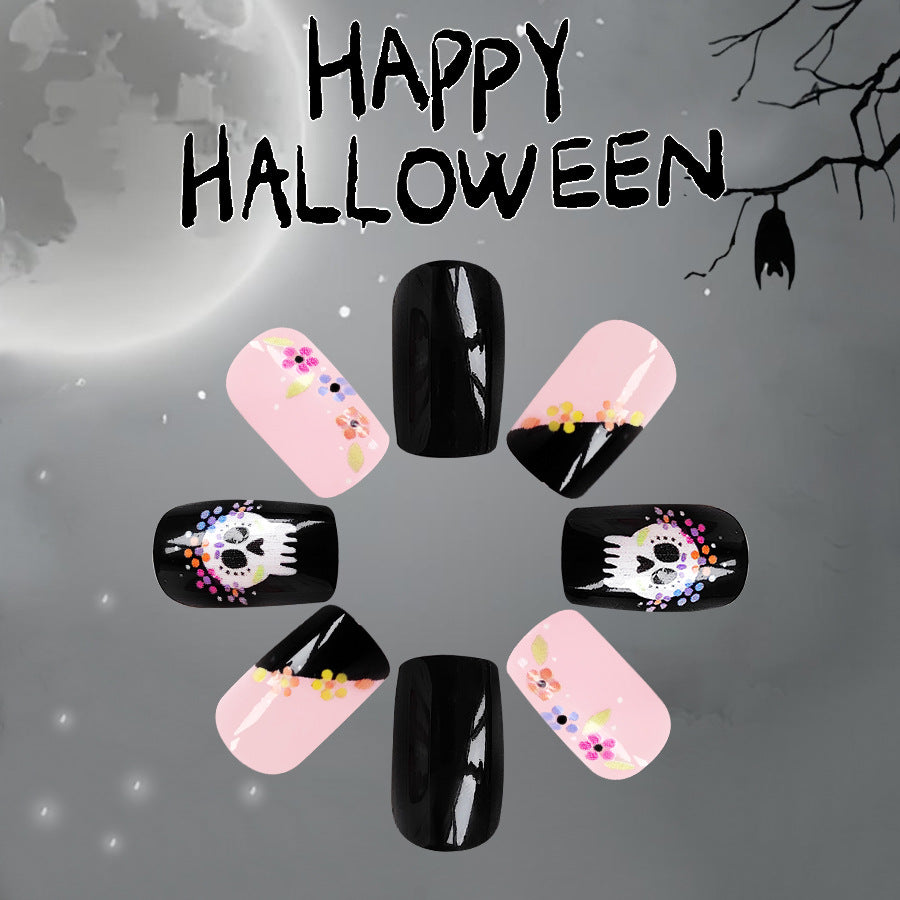 Spooky Elegance Long Length Oval Press-On Nail Set in Black and Pink with Day of the Dead Skull Accents