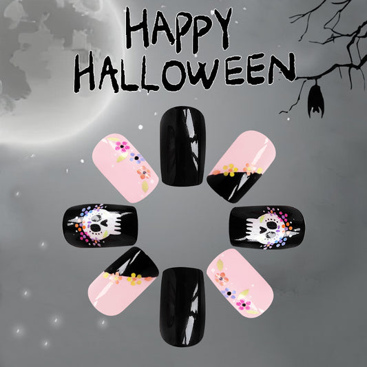 Spooky Elegance Long Length Oval Press-On Nail Set in Black and Pink with Day of the Dead Skull Accents