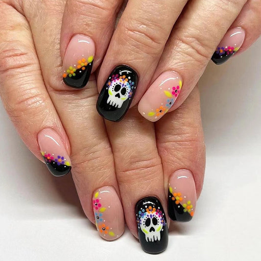 Festive Day of the Dead Long Oval Black and Multicolor Skull Accent Press On Nail Set