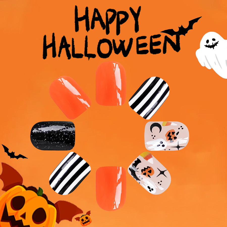 Spooky Elegance Short Square Orange and Black Halloween-Themed Press On Nail Set with Stripes and Glitter Accents
