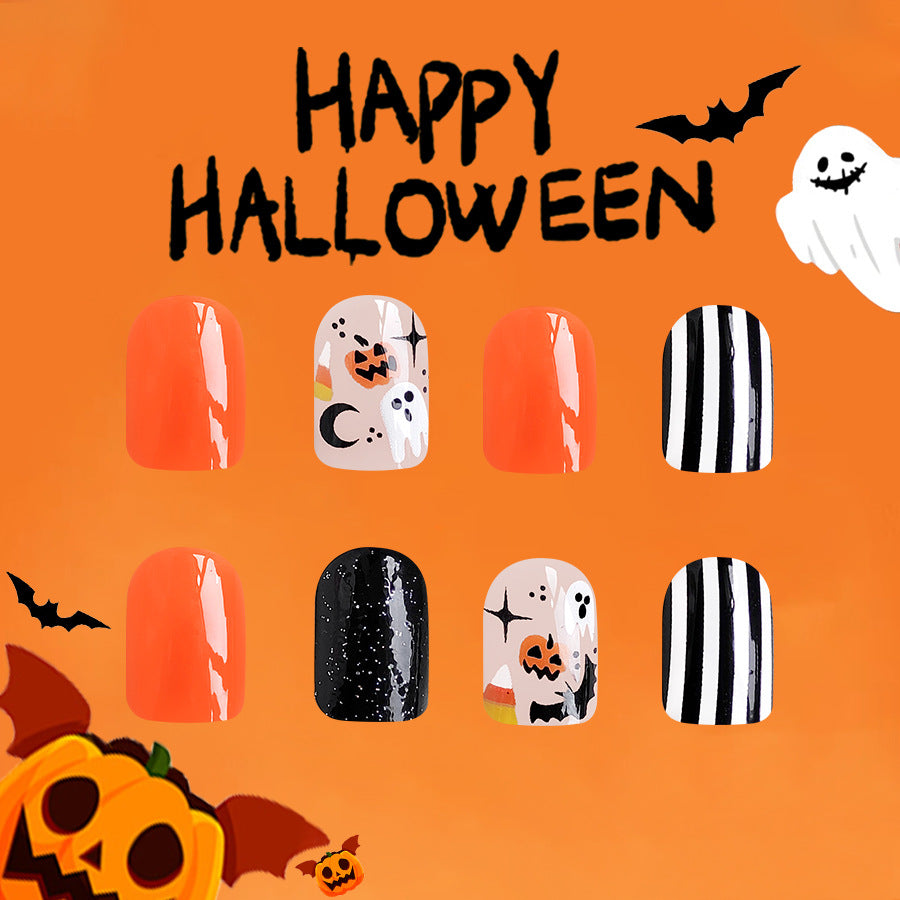 Spooky Chic Short Square Halloween Press On Nail Set - Multicolor with Ghost and Striped Patterns