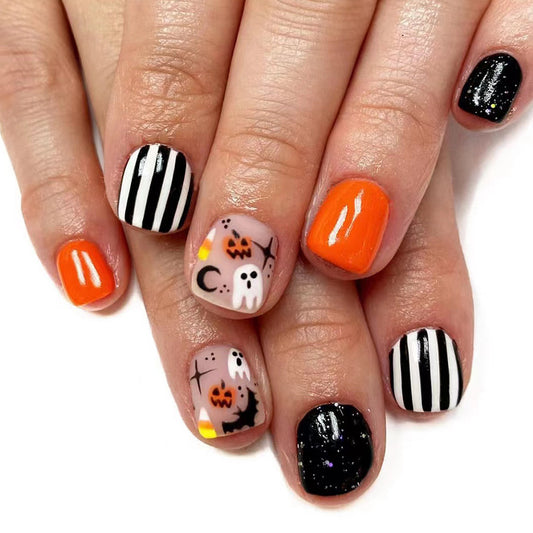 Spooky Elegance Short Square Halloween-Themed Press On Nail Set Black White and Orange with Glitter Accents