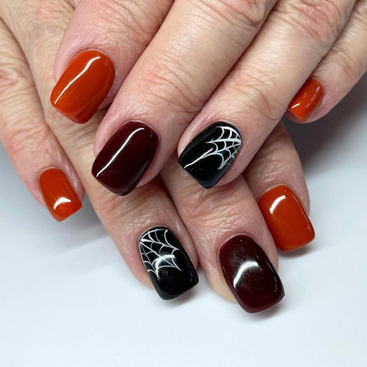 Spooky Elegance Short Square Maroon Orange Black Spiderweb Press On Nail Set