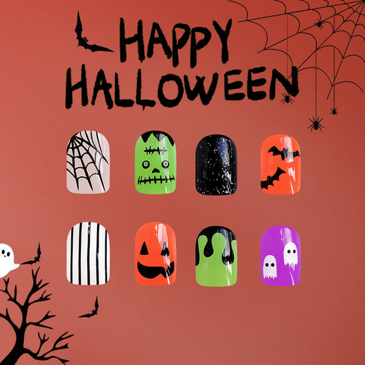Spooky Soiree Short Length Square Press On Nail Set in Halloween Colors with Festive Patterns