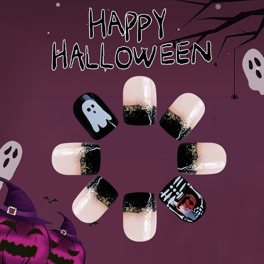 Spooky Elegance Short Square Black and Beige Halloween Themed Press On Nail Set with Glitter Accents