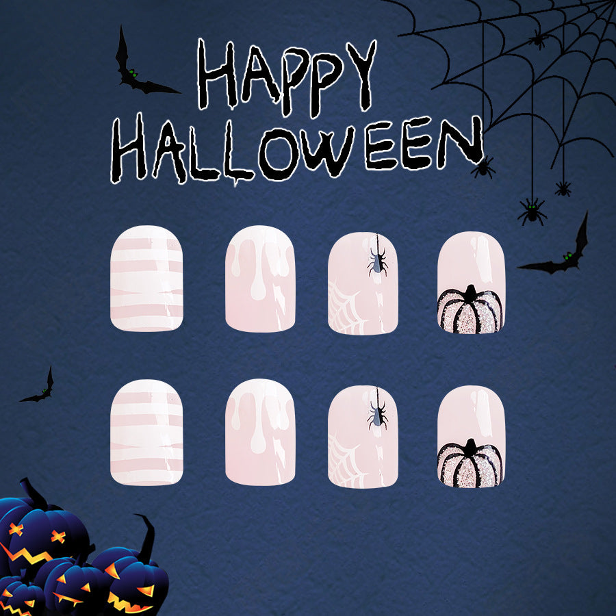 Spooky Chic Short Square Pale Pink Halloween-Themed Press on Nail Set with Spider and Web Accents