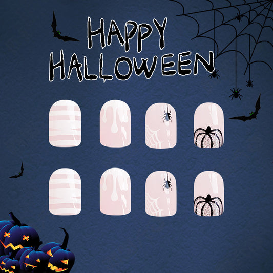 Spooky Chic Short Square Pale Pink Halloween-Themed Press on Nail Set with Spider and Web Accents