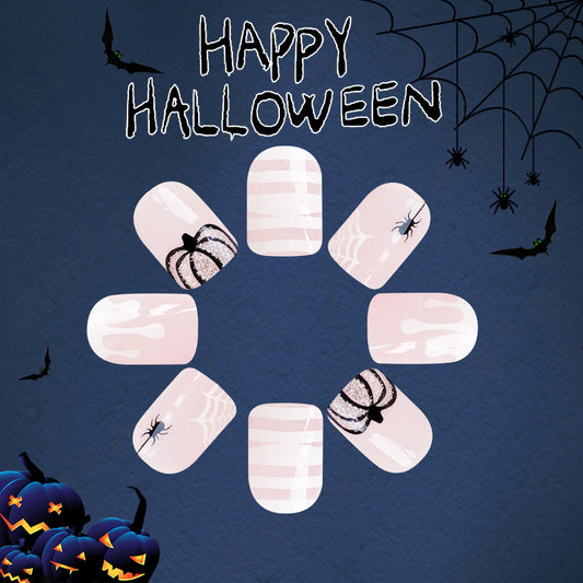 Spooky Elegance Short Square Light Pink Press On Nail Set with Spider Design Detail