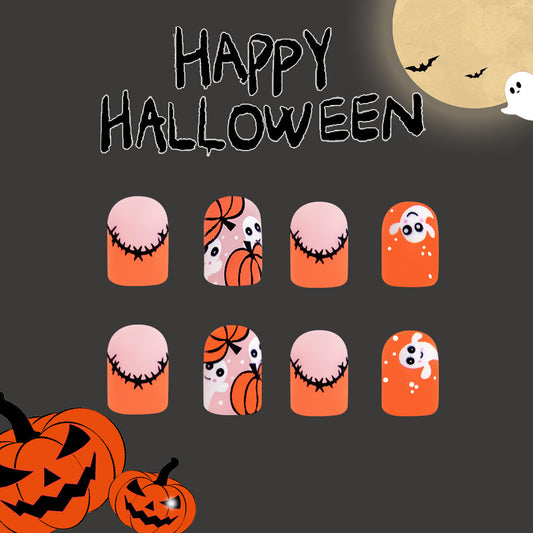 Spooky Season Halloween Themed Short Square Orange Press On Nail Set with Ghost and Basketball Designs