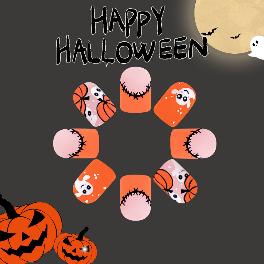 Spooky Halloween Themed Short-Length Square Press On Nails in Orange and Pink with Ghost and Spider Accents