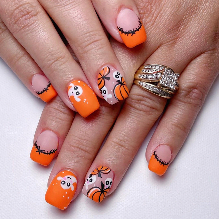 Spooky Elegance Short Length Square Orange Press-On Nail Set with Ghosts and Pumpkin Design