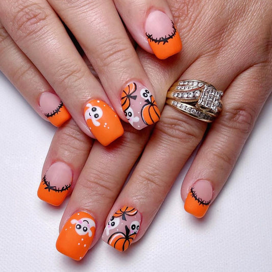 Spooky Elegance Short Length Square Orange Press-On Nail Set with Ghosts and Pumpkin Design