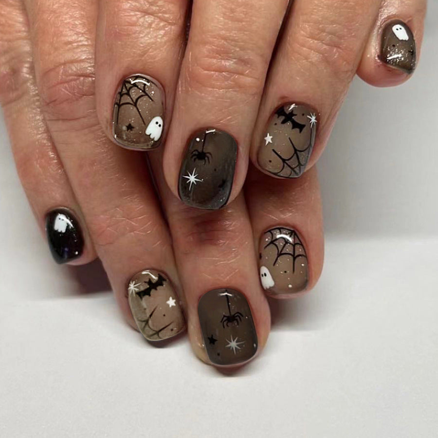 Spooky Elegance Short Square Brown Press On Nail Set with Halloween Art Design