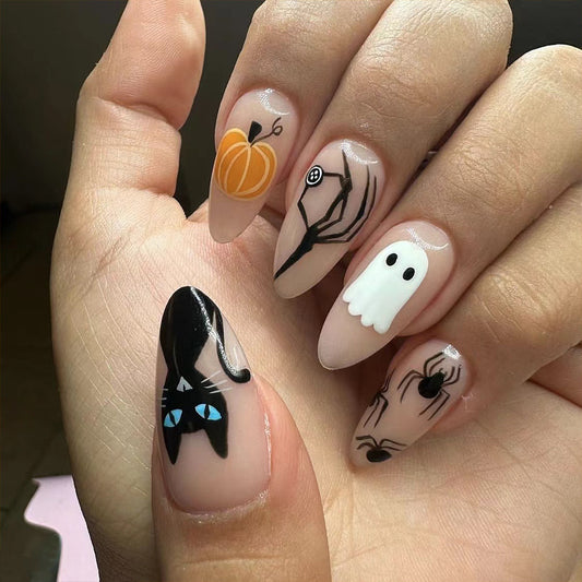 Spooky Elegance Long Almond Halloween Press On Nails Set, Black & Beige with Cute Ghost and Pumpkin Design