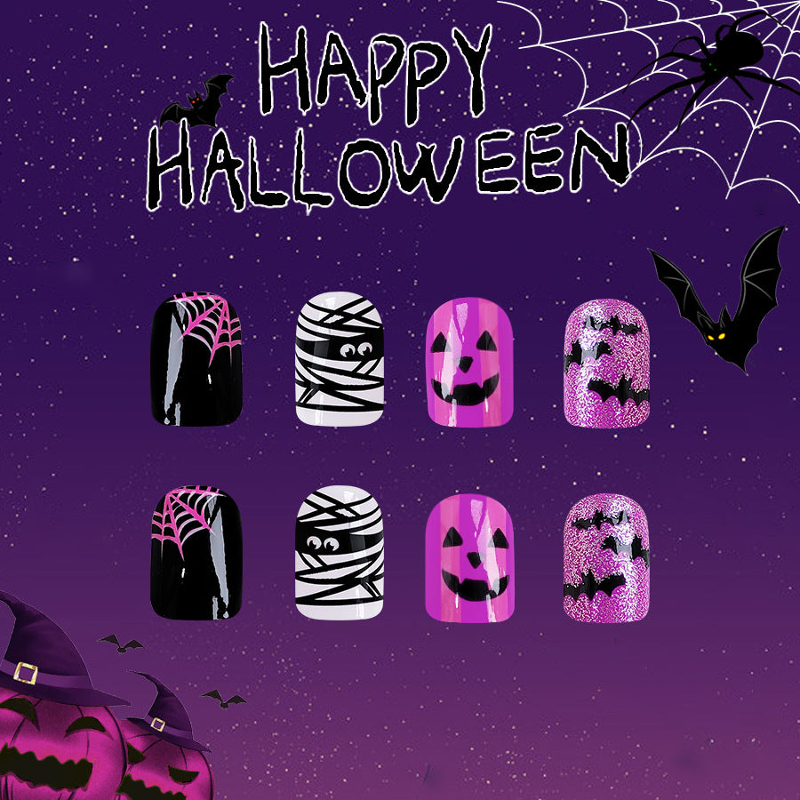 Spooky Spectacle Halloween Short Square Shaped Press On Nail Set in Black and Pink with Glitter Accents