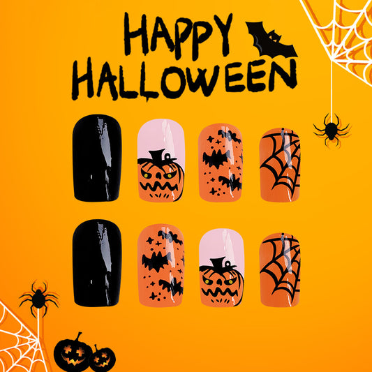 Spooky Elegance Short Coffin Black and Orange Festive Halloween-Themed Press on Nail Set with Bats, Pumpkins, and Spiderweb Designs