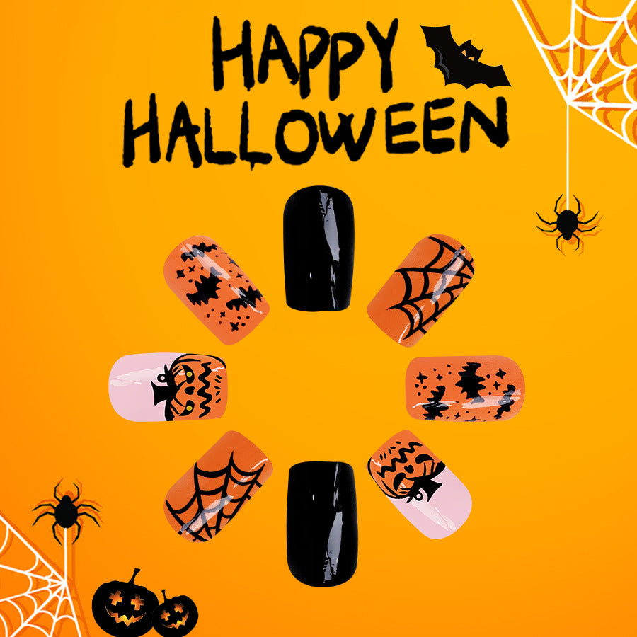 Spooky Elegance Short Coffin Black and Orange Halloween Press On Nail Set with Spiderweb Accents
