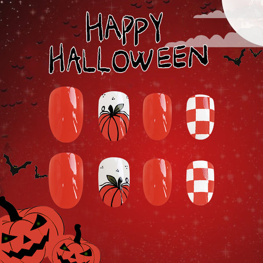 Spooky Elegance Medium Oval Red Press On Nail Set with Halloween Themed Artwork - Adhesive Manicure Kit