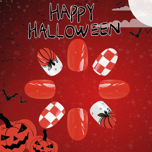Spooky Halloween Medium Oval Red Press On Nail Set with Checker and Pumpkin Design