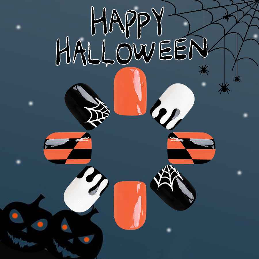 Spooky Elegance Short Coffin Black Orange White Halloween Press On Nail Set with Spider Web Accents