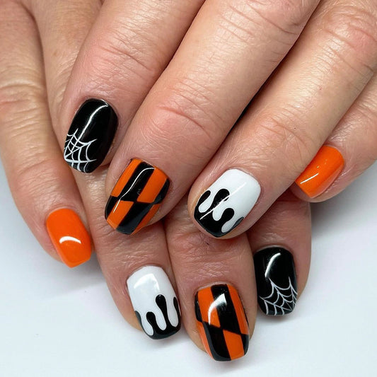 Spooky Elegance Short Coffin Press On Nail Set, Black and Orange with Intricate Halloween Details
