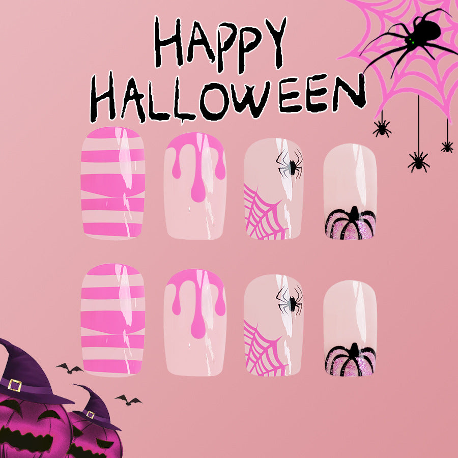 Spooky Elegance Medium Square Pink Press on Nail Set with Spider and Web Design