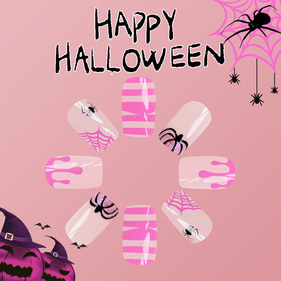 Spooky Elegance Halloween Medium Length Square Pink Press On Nails with Spider Web Design
