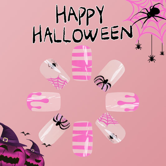 Spooky Elegance Halloween Medium Length Square Pink Press On Nails with Spider Web Design