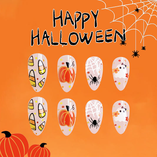Halloween Themed Long Almond Orange Pumpkin Candy Corn Spider Web Ghost Press On Nail Set