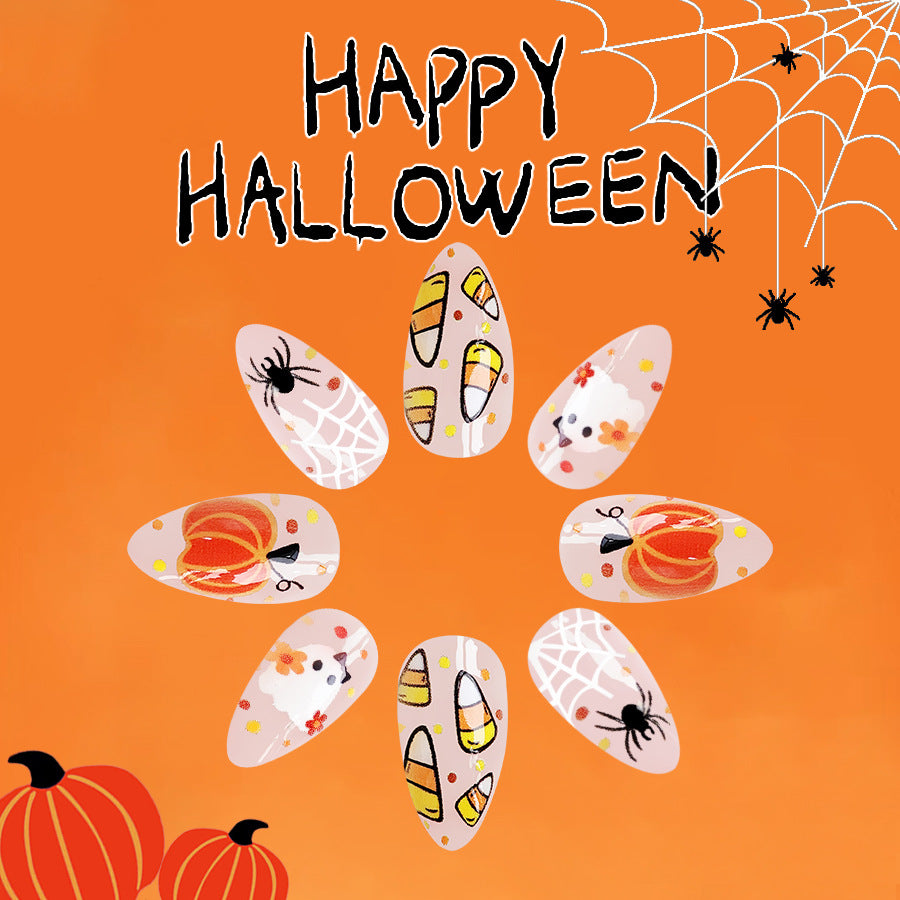 Spooky Season Long Almond Orange Press On Nail Set with Halloween-Themed Artwork Design