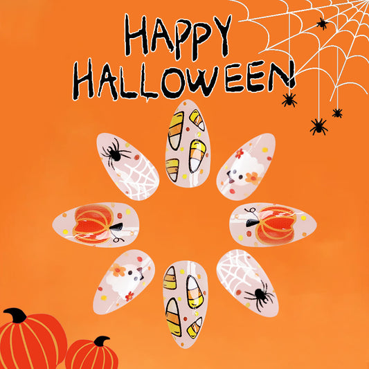 Spooky Season Long Almond Orange Press On Nail Set with Halloween-Themed Artwork Design