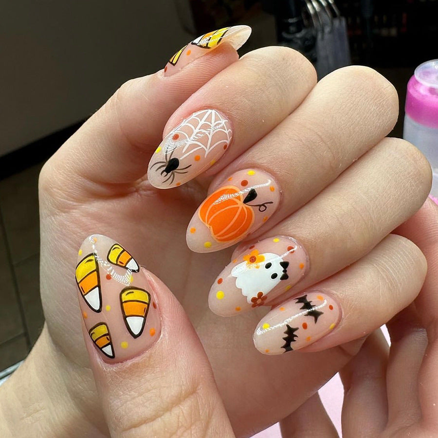 Autumn Splendor Long Almond Peach Press On Nail Set with Halloween Accents and Glitter Detail